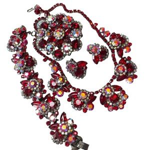 Juliana Red & AB Rhinestone Necklace Bracelet Brooch Earring Set Halo Gunmetal